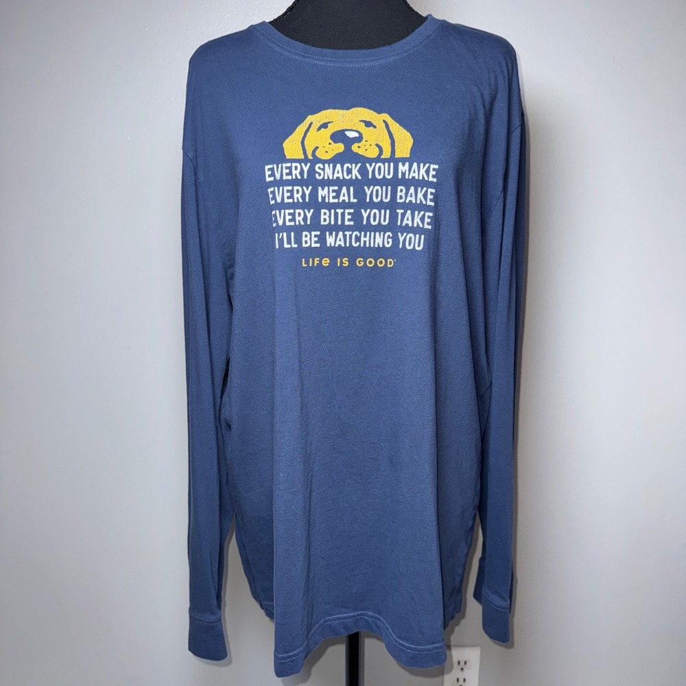 Life is Good Mens Crusher Tee Long Sleeve Blue Dog Snack Graphic Shirt Large